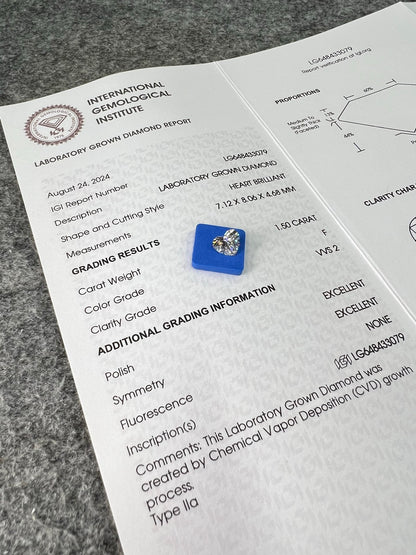 Diamant de laboratoire en forme de cœur 2EX certifié IGI CVD VVS2 F 1,50 carat 