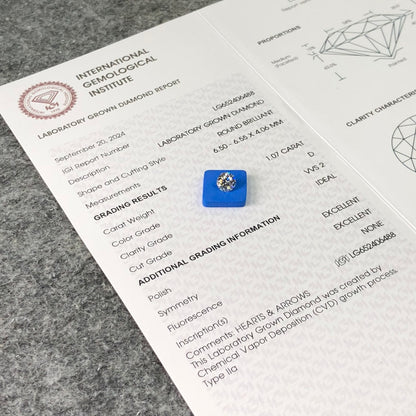 Diamant de laboratoire VVS2 IGI 1,07 carat D CVD AUCUN 3EX 