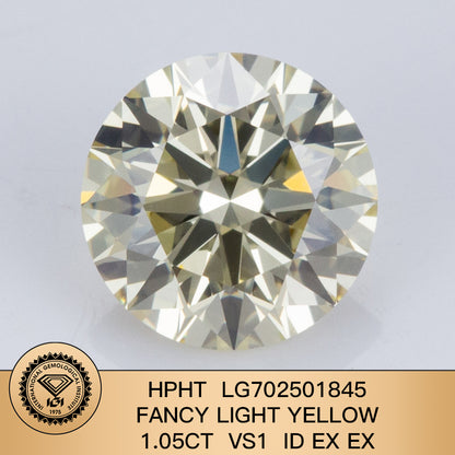 Lab Grown Round Diamond Fancy Light Yellow 1.05 Carat ID 2EX HPHT VS1 IGI Certified