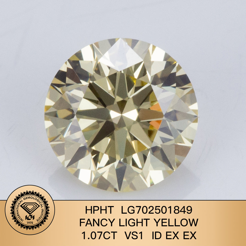 Lab Grown Round Diamond Fancy Light Yellow 1.07 Carat ID 2EX HPHT VS1 IGI Certified