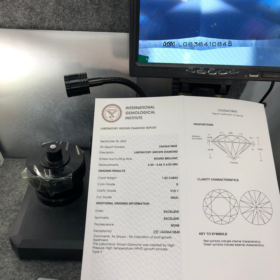 Laboratory Created Diamond VVS1 IGI 1.02 Carat D HPHT NONE 2EX ID