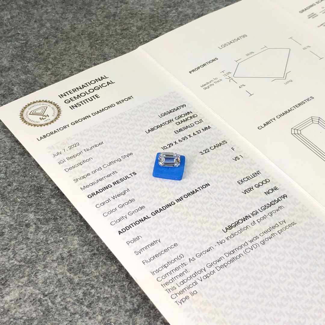 Lab Grown Diamond 3.22 Carat F VS1 EX VG IGI CVD NONE Fluorescence Emerald
