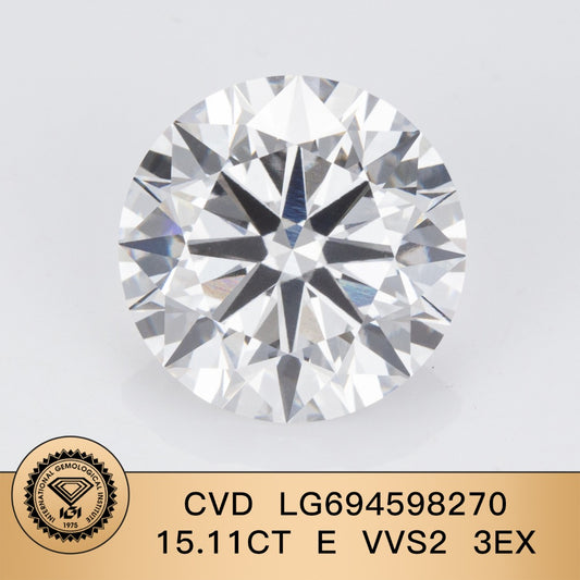 Diamant de laboratoire 15,11 carats E VVS2 3EX IGI CVD AUCUNE Fluorescence Rond 
