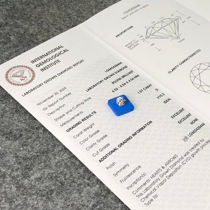 Diamant créé en laboratoire VVS2 IGI 1,07 carat D CVD AUCUN 3EX 