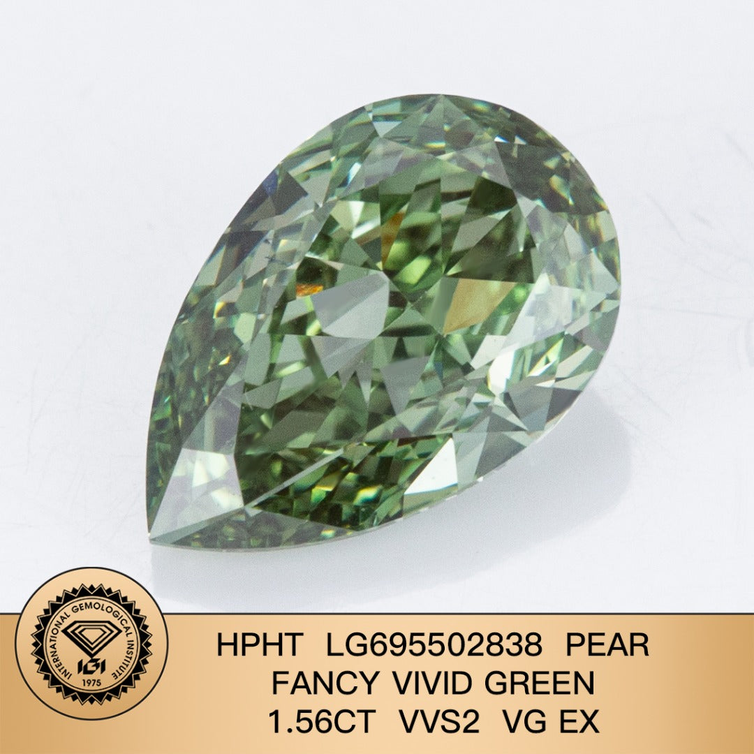 1.56 Carat Lab Grown Diamond Fancy Vivid Green Pear Shape VG EX VVS2 IGI Certified HPHT
