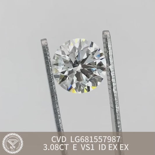 Diamant synthétique de 3,08 carats certifié IGI, cultivé en laboratoire, forme ronde E VS1 ID 2EX CVD 