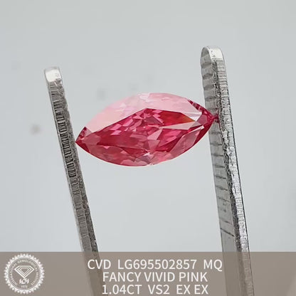 Diamant synthétique de 1,04 carat, couleur rose vif fantaisie VS2 2EX CVD, forme marquise 