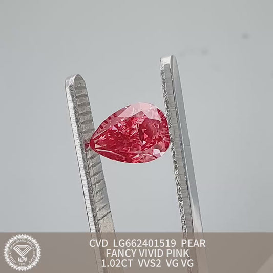 1.02 Carat Lab Grown Diamond Fancy Vivid Pink Pear Shape 2VG IGI Certified CVD VVS2