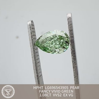 Diamant poire de 1,08 carat, cultivé en laboratoire, vert vif fantaisie VVS2 HPHT VG EX 
