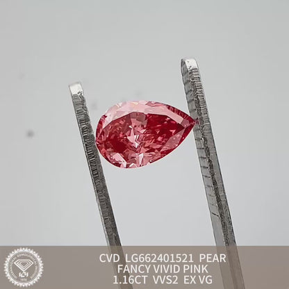 Diamant synthétique de 1,16 carat, taille poire rose vif fantaisie, CVD, EX VG, VVS2 