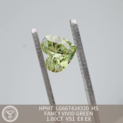 1.00 Carat Lab Grown Diamond Fancy Vivid Green VS1 2EX HPHT Heart Shape