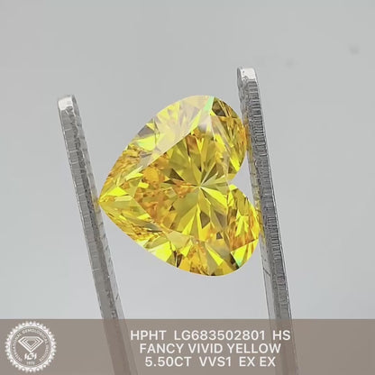 Diamant cœur de 5,50 carats, cultivé en laboratoire, couleur jaune vif fantaisie VVS1 2EX HPHT 