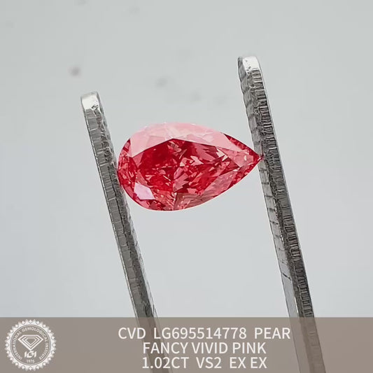 1.02 Carat Lab Grown Diamond Fancy Vivid Pink Pear Shape EX EX IGI Certified CVD VS2