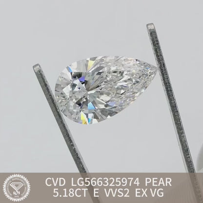 Diamant de 5,18 carats en forme de poire, certifié IGI, certifié CVD E VVS2, EX VG 