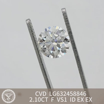 Diamant créé en laboratoire de 2,1 carats F VS1 ID 2EX CVD forme ronde certifié IGI 