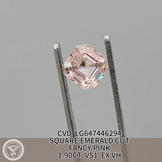 1.9 Carat Lab Grown Diamond Fancy Pink VS1 Square Emerald EX VG CVD Slight