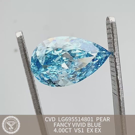 4.00 Carat Lab Grown Diamond Fancy Vivid Blue Pear Shape 2EX CVD VS1 IGI Certified