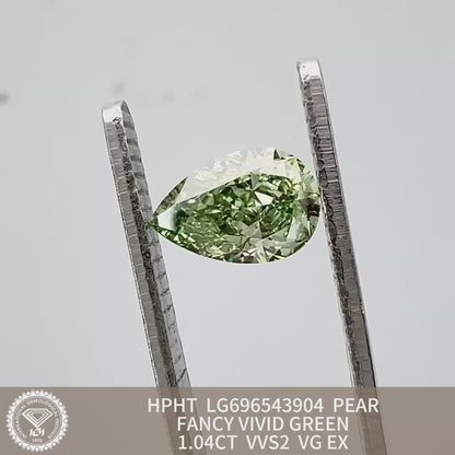 Diamant poire de 1,04 carat cultivé en laboratoire, vert vif fantaisie VVS2 VG EX HPHT 