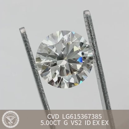 Diamant synthétique de 5,00 carats G VS2 ID EX EX IGI certifié CVD 