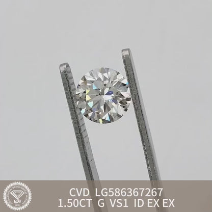 Diamant rond de 1,5 carat certifié IGI, créé en laboratoire, G VS1 CVD, idéal 
