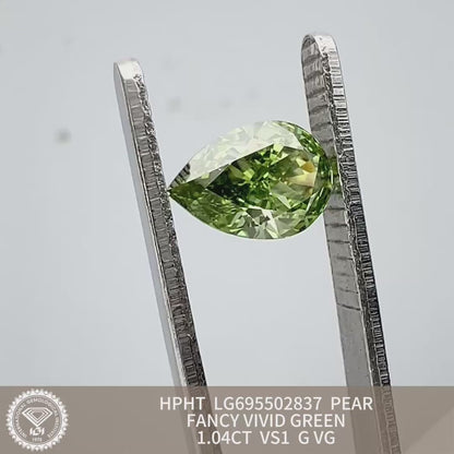 Diamant poire de 1,04 carat, cultivé en laboratoire, vert vif fantaisie, VG VS1 HPHT 