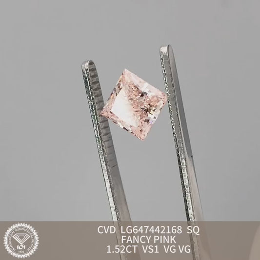 CVD 1.52 Carat IGI Certificate Lab Grown Diamond Fancy Pink VS1 Princess 2VG