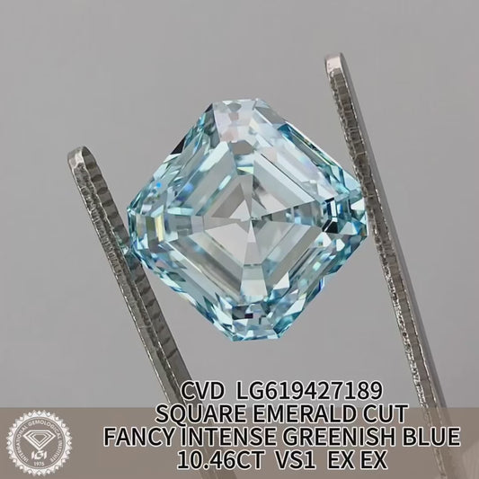 10.46 Carat Lab Grown Diamond Fancy Intense Greenish Blue VS1 Square Emerald 2EX CVD Wholesale
