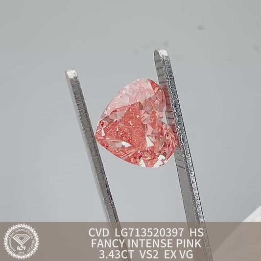 3.43 Carat Fancy Intense Pink Lab Grown Diamond Heart Shape EX VG IGI Certified CVD VS2