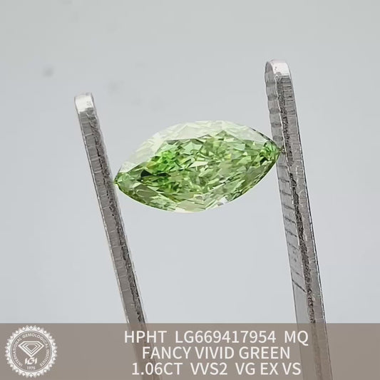 Lab Grown Diamond Fancy Vivid Green Marquise 1.06 Carat VG EX VS HPHT VVS2 IGI Certified
