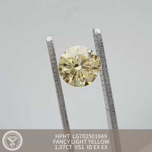 Lab Grown Round Diamond Fancy Light Yellow 1.07 Carat ID 2EX HPHT VS1 IGI Certified