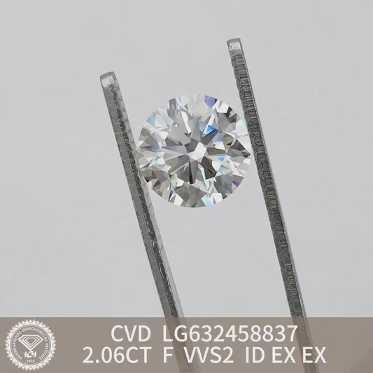 Diamant synthétique de 2,06 carats, certifié IGI, créé en laboratoire, F VVS2 ID 2EX CVD, forme ronde 