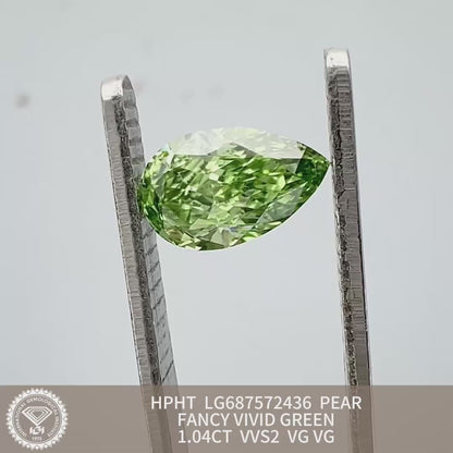 Diamant poire de 1,04 carat, cultivé en laboratoire, vert vif fantaisie, VVS2, HPHT, 2VG 