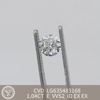 1.04 Carat Lab Grown Round Diamond E VVS2 CVD ID EX EX IGI Certificate