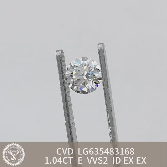 1.04 Carat Lab Grown Round Diamond E VVS2 CVD ID EX EX IGI Certificate
