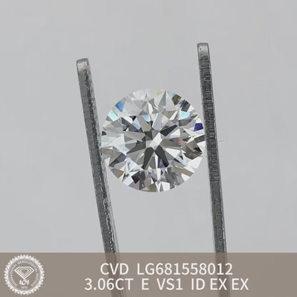 Diamant synthétique rond certifié IGI de 3,06 carats, forme E VS1, ID 2EX CVD 