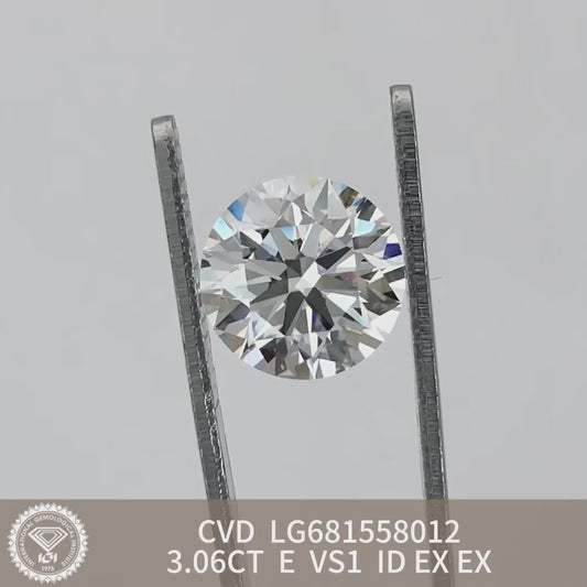 Diamant synthétique rond certifié IGI de 3,06 carats, forme E VS1, ID 2EX CVD 