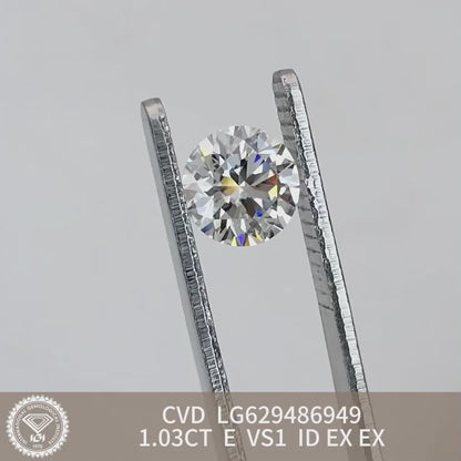 1.03 Carat Lab Grown Diamond VS1 E CVD N Ideal 2EX Synthetic Round Diamond IGI Certificate