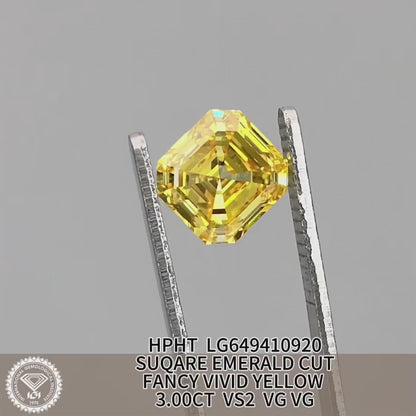 3 Carat Lab Grown Diamond Fancy Vivid Yellow VS2 Square Emerald 2VG HPHT Wholesale