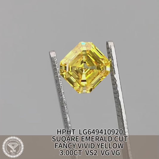 3 Carat Lab Grown Diamond Fancy Vivid Yellow VS2 Square Emerald 2VG HPHT Wholesale