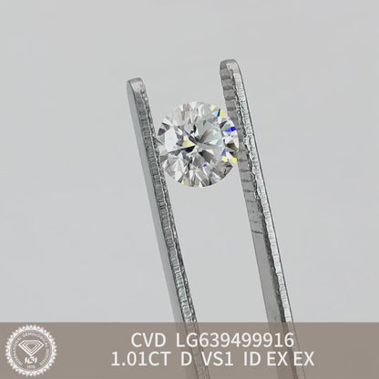 1.01 Carat Lab Grown Round Diamond D VS1 CVD Ideal 2EX IGI Certificate