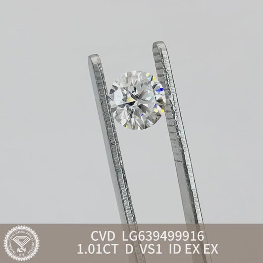1.01 Carat Lab Grown Round Diamond D VS1 CVD Ideal 2EX IGI Certificate