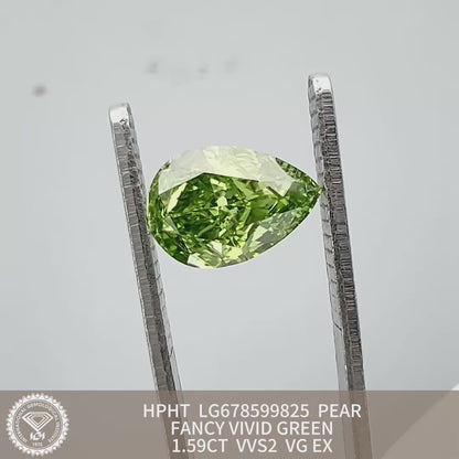 Diamant synthétique en forme de poire de 1,59 carat, taille fantaisie vert vif, VG EX HPHT 