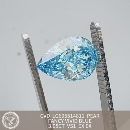 Diamant poire de 3,05 carats, cultivé en laboratoire, bleu vif fantaisie VS1 CVD 2EX 