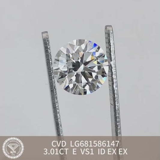 Diamant synthétique rond de 3,01 carats certifié IGI, cultivé en laboratoire, E VS1 ID 2EX CVD 