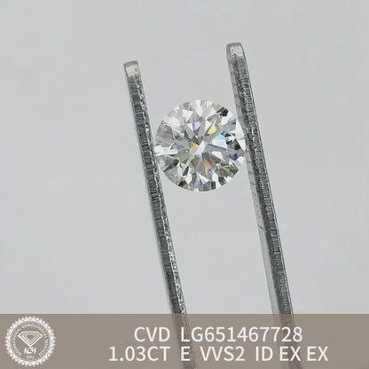 1.03 Carat Lab Grown Round Diamond VVS2 IGI E CVD N Ideal Excellent Cut