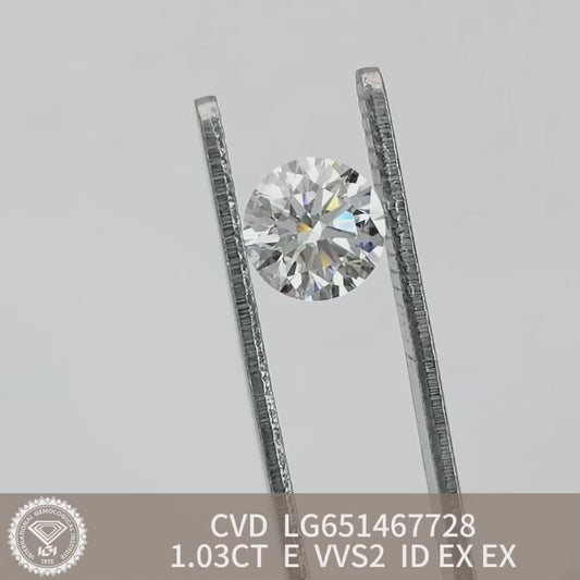1.03 Carat Lab Grown Round Diamond VVS2 IGI E CVD N Ideal Excellent Cut