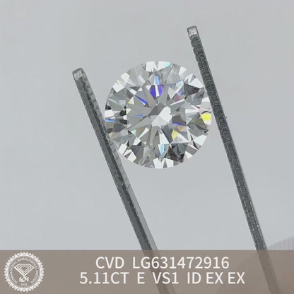 Diamant rond de 5,11 carats, cultivé en laboratoire, 2EX ID, certifié IGI, CVD E VS1 