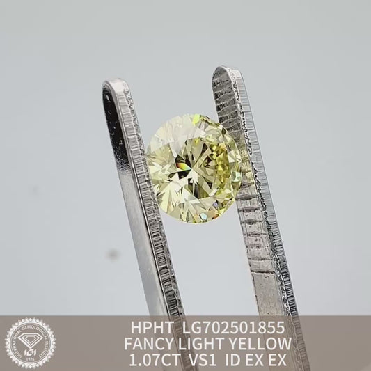 1.07 Carat ID 2EX HPHT Lab Grown Round Diamond Fancy Light Yellow VS1 IGI Certified