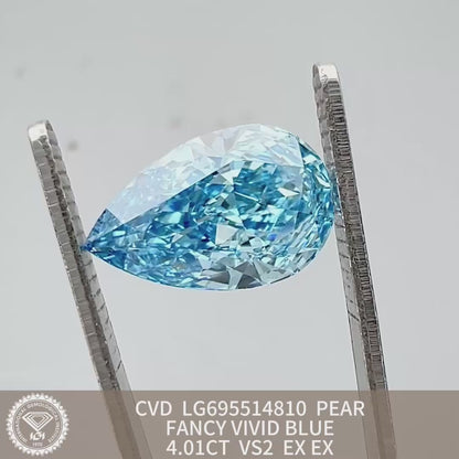 Diamant synthétique de 4,01 carats, taille poire, bleu vif fantaisie VS2 CVD 2EX 