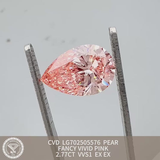 2.77 Carat Lab Grown Diamond Fancy Vivid Pink Pear 2EX CVD VVS1 IGI Certified